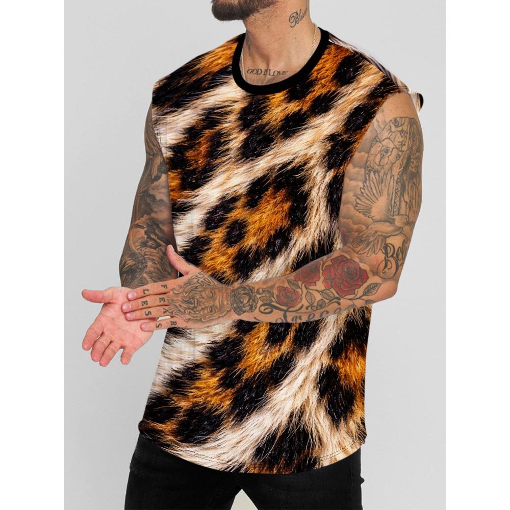 Leopard Print Men S Sleeveless Vest Casual Round Neck Loose Fit Sports Top S