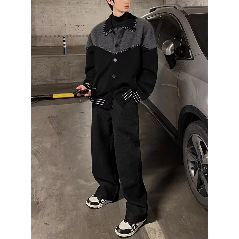

Men s Korean Color Block Patchwork Plush Knit Cardigan - Simple, High-End, Loose Fit Sweater 2XL чорний