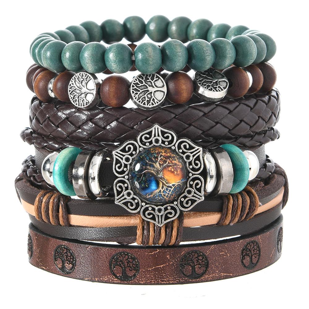 Leather Bracelets for Men Women Handmade Wrap Woven Cuff Bracelets Wooden Beaded Bracelets Vintage Ethnic Tribal Wristbands Bracelet Set Adjustable