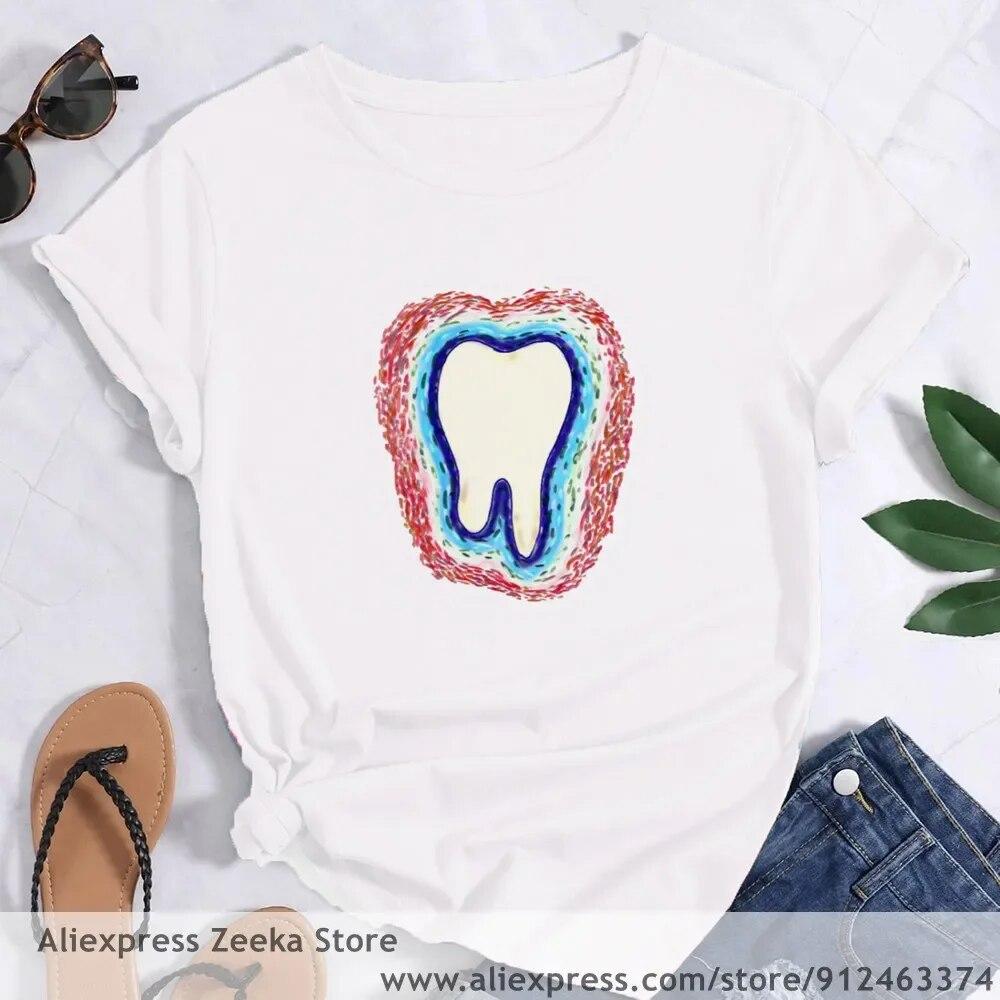 Zahn und Zahnarzt Grafik Ästhetik Frauen Lustige Print Damen T-shirt Mädchen Y2K Harajuku Basis O-kragen Weißes Hemd Kurze