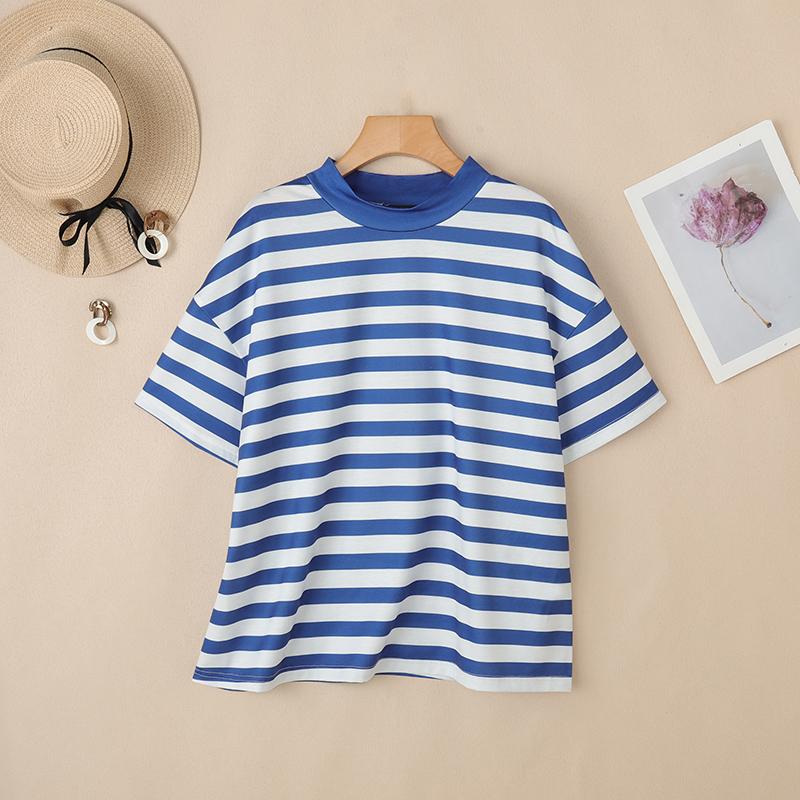 ZANZEA Damen Lässig Stehkragen Locker Halber Ärmel Streifen T-Shirt