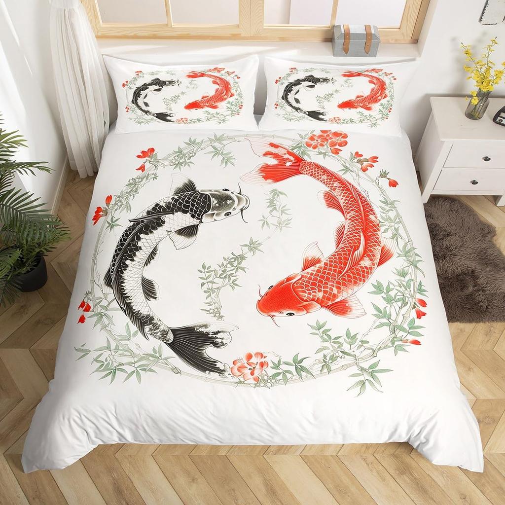 Comforter Koi Fish Full Queen Japanese Cherry Blossom Tree Bedding Set Marine Sealife Comforter For Kids Teen Room Decor