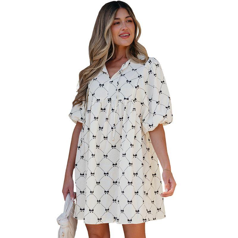 

European and American Leisure Loose Belly-Covering Knee-Length Short Skirt for Women Spring New Arrival Bows Printed Half Sleeve Dress Women LC6122762-White S