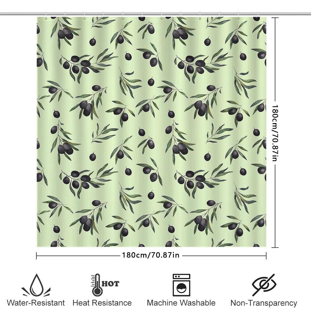 Vintage Bath Shower Curtain With Olive Branches Pattern Home Decor Item For Kitchen Or Bathroom Green Black Colors