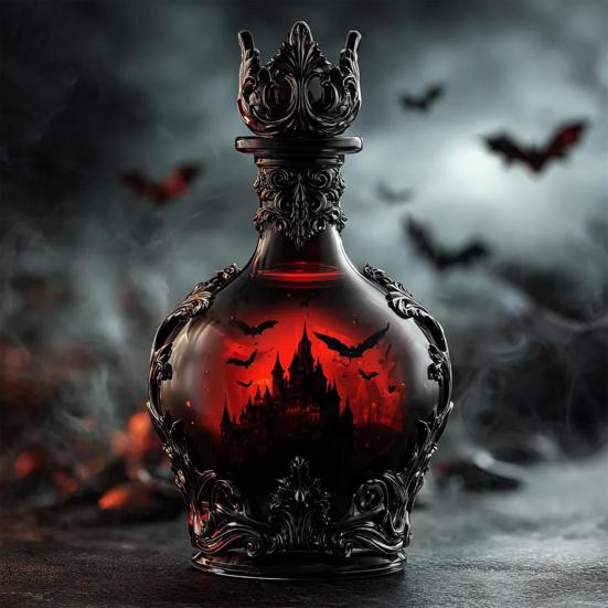 Gothic Vampires Whiskey Decanter Glass Liquor Bottle with Bat Castle Design Halloween