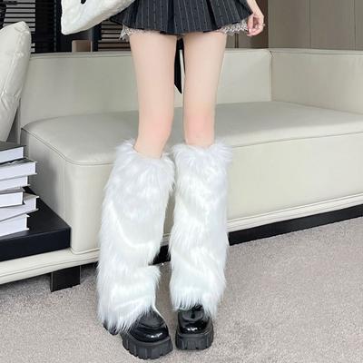 White Faux Fur Leg Warmers Boot Covers Y2K Goth Solid Leg Socks Punk Knee-Length  Warm Sock