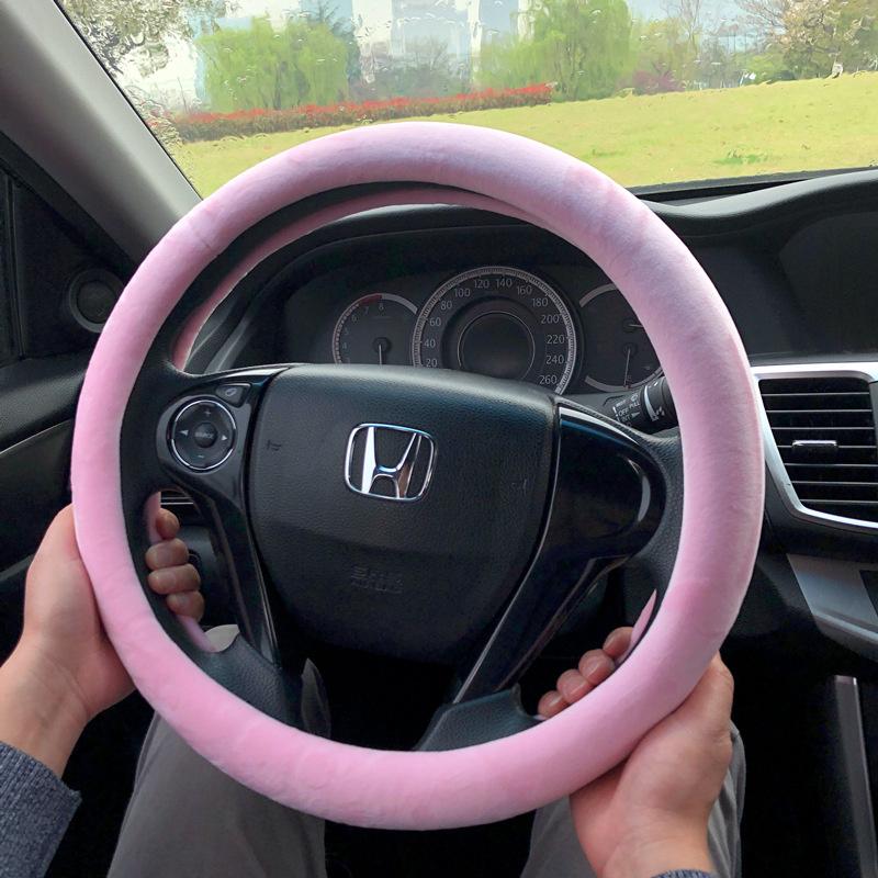 Short Plush Steering Wheel Cover Kawaii Winter Warm Car Handle Cover Anti-skid Cartoon Cute Cat Ear Steering Cover Pink Gift