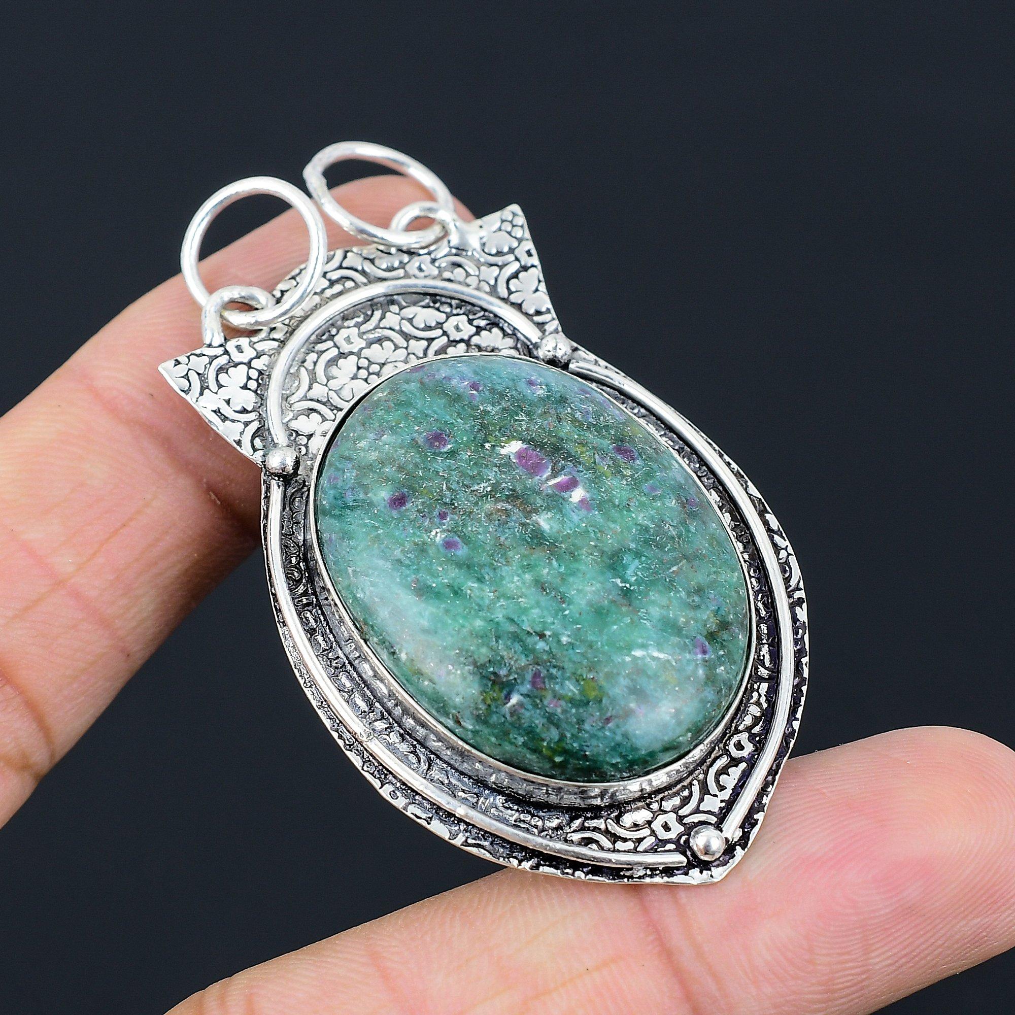Daughters Day Deal 925 Silver Oval Natural Ruby Fuchsite Birthday Unique Pendant