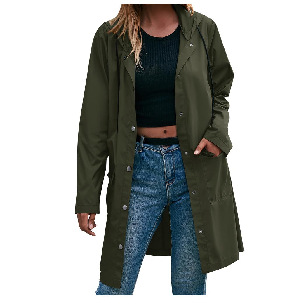 Women's Fashion-Simple Solid Color Outdoor Sports Single-breasted Pocket Windproof And Rainproof Hooded Mid-length Windbreaker Jacket