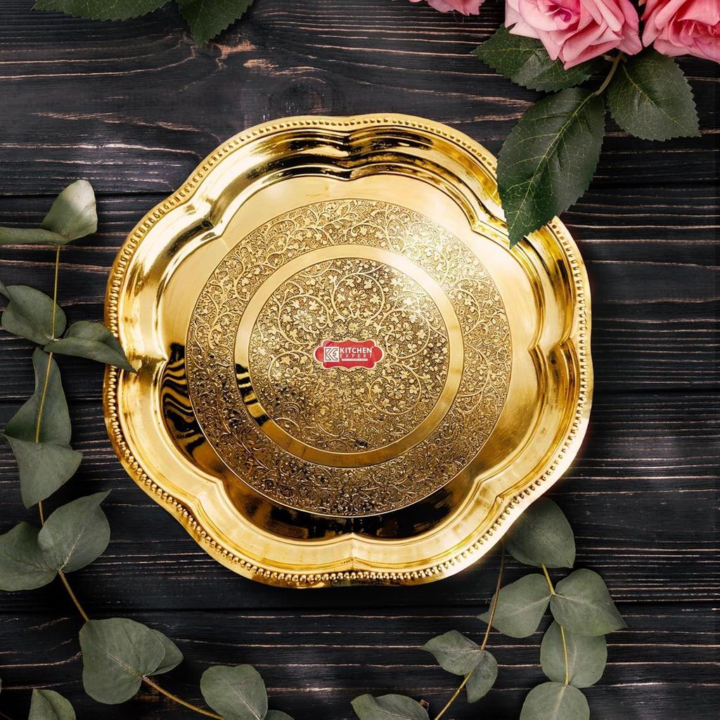Kitchen Expert Small Brass Plate | 15cm | Pooja Thali | Engraved Flower Design | Ideal