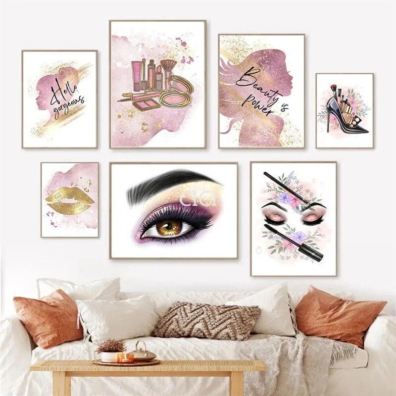Lippenstift Mascara Mode Gold Lippen Make-Up Poster Leinwand Malerei Wand Kunst Schönheit Salon Dekoration Mädchen Zimmer Home Decor Bild