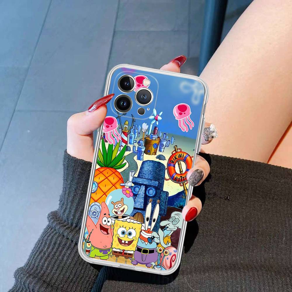 Cartoon Niedlich S-SpongeBob Anime Handyhülle Für IPhone 11 13 16 12 17 14 15 Pro Max Plus Weiche Klare Rückseite Hülle