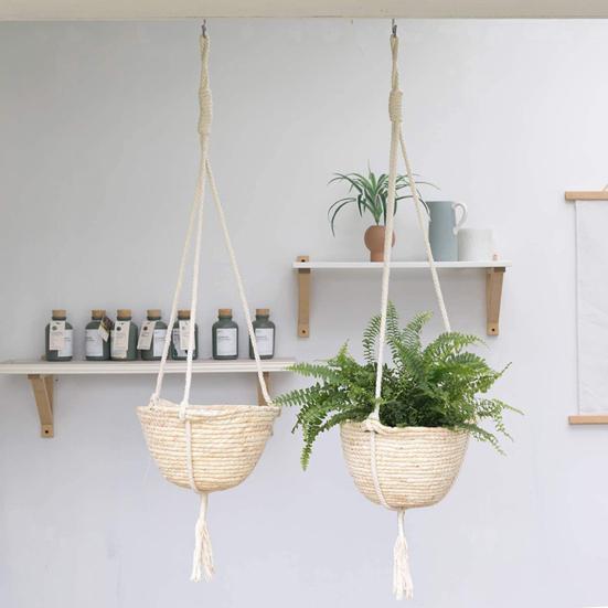 Straw Woven Basket Portable Suspended Wall Hanging Flower Plant Suspension Basket for Balcony
