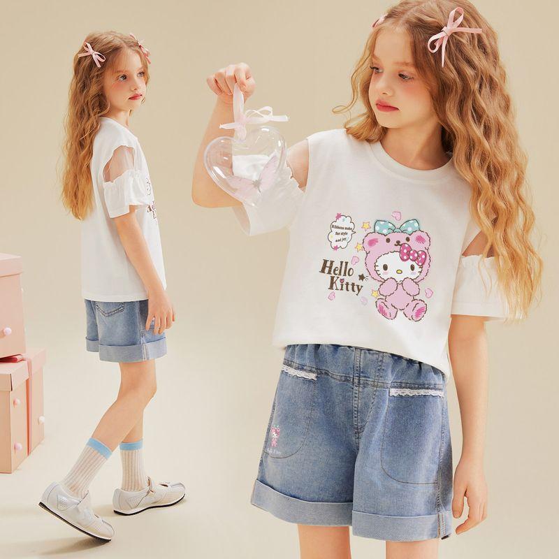 Hellokitty Girls Summer Suit 2025 New Mesh Splicing Cut Out Short-Sleeved Girl Shorts Two-Piece Set White 160