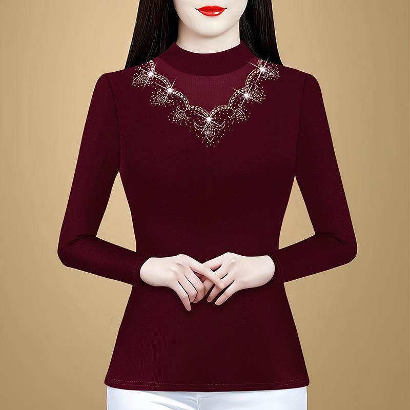 2025 Fall/Winter Lace Mesh Velvet-Lined Warm Top for Moms 2XL