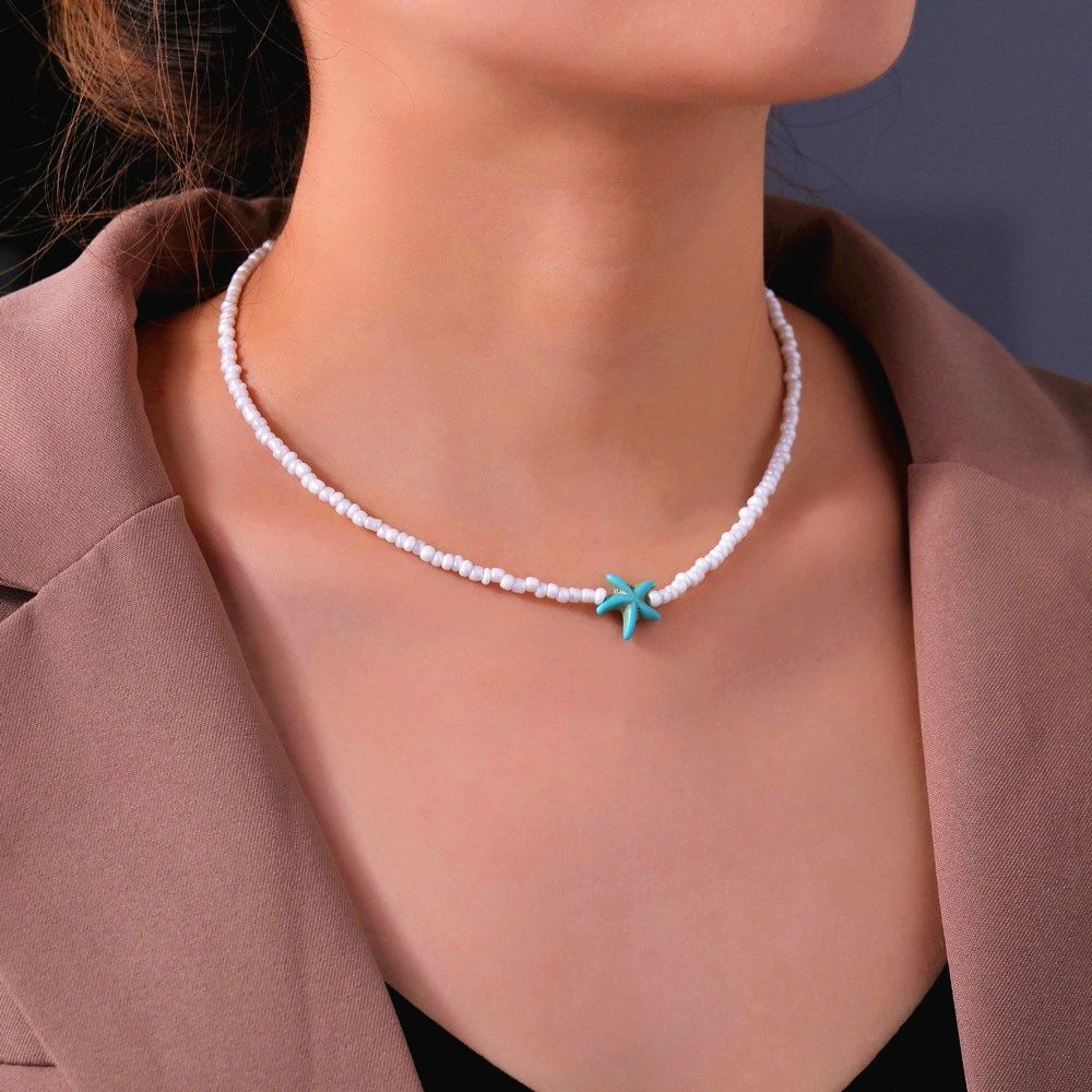 Summer Jewelry Starfish Pendant Necklace Short Beaded Neck Chain Shell Choker Necklace  for Women