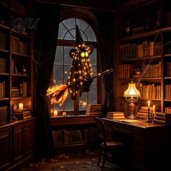 Illuminated Ghost Tree Ornaments Halloween Flying with Witch Broom, Large Lighted Hanging Decoration Indoor Party Wall Decorations Hat for Lawn Patio