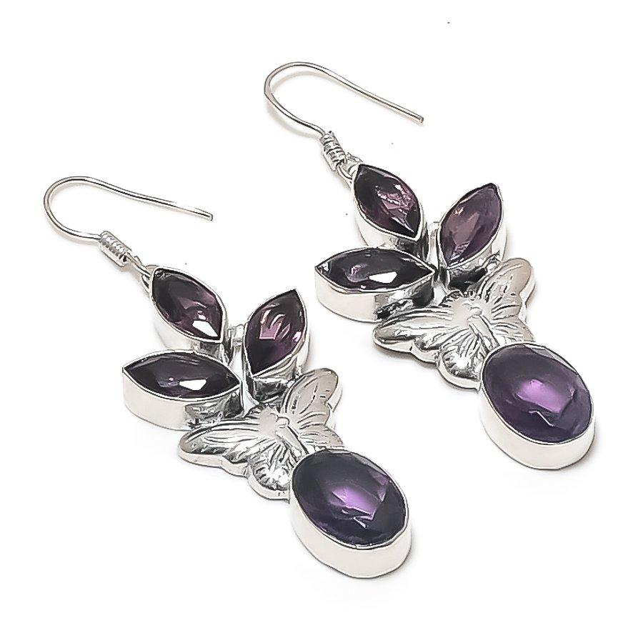 Natural Amethyst Gemstone Handmade 925 Sterling Silver Earring 2.36" b3F23