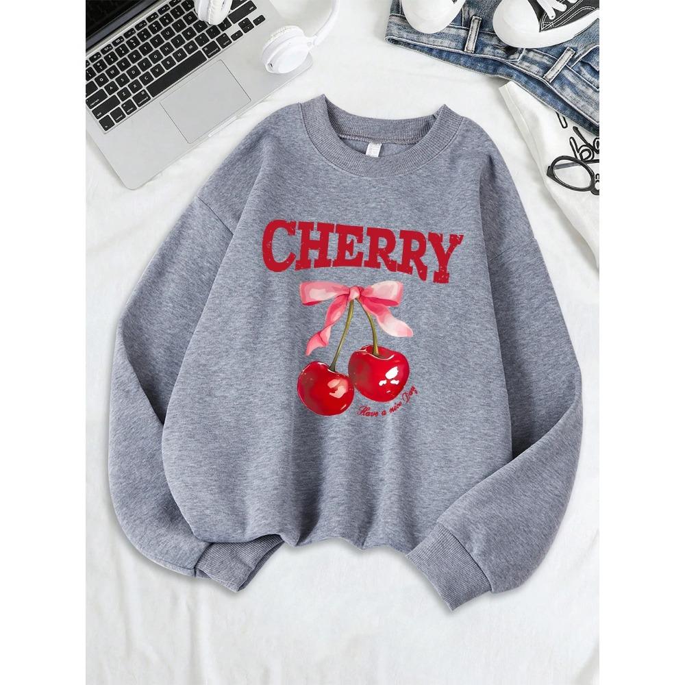 Cherry Pink Bow Have A Nice Day Prints Sweatshirts Women Warm Comfortable Hoodie O-Neck Tops Winter Casual Clothes