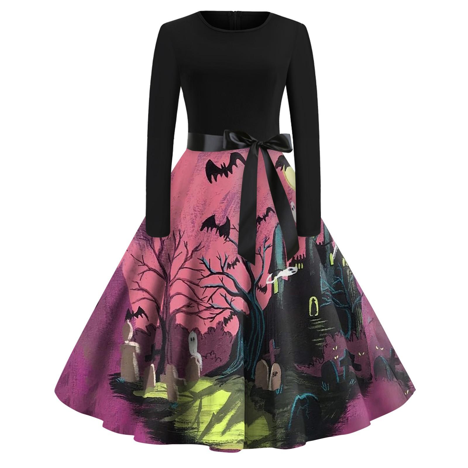 

Платье с расклешенным принтом на Хэллоуин для женщин, платье с длинным рукавом, полые вечерние повседневные платья XXL розовый