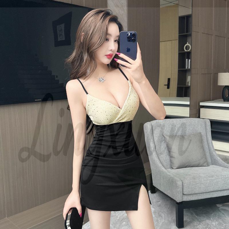 

Sexy V-Neck Spliced Camisole Dress with Slim Fit and Wrap Split Skirt Large абрикосовий