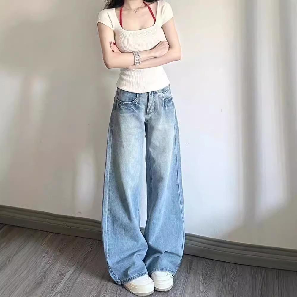 Dámské džíny širokých nohavic slim střihu: Nové americké volné rovné nohavice ke kotníkům pro jaro a podzim
