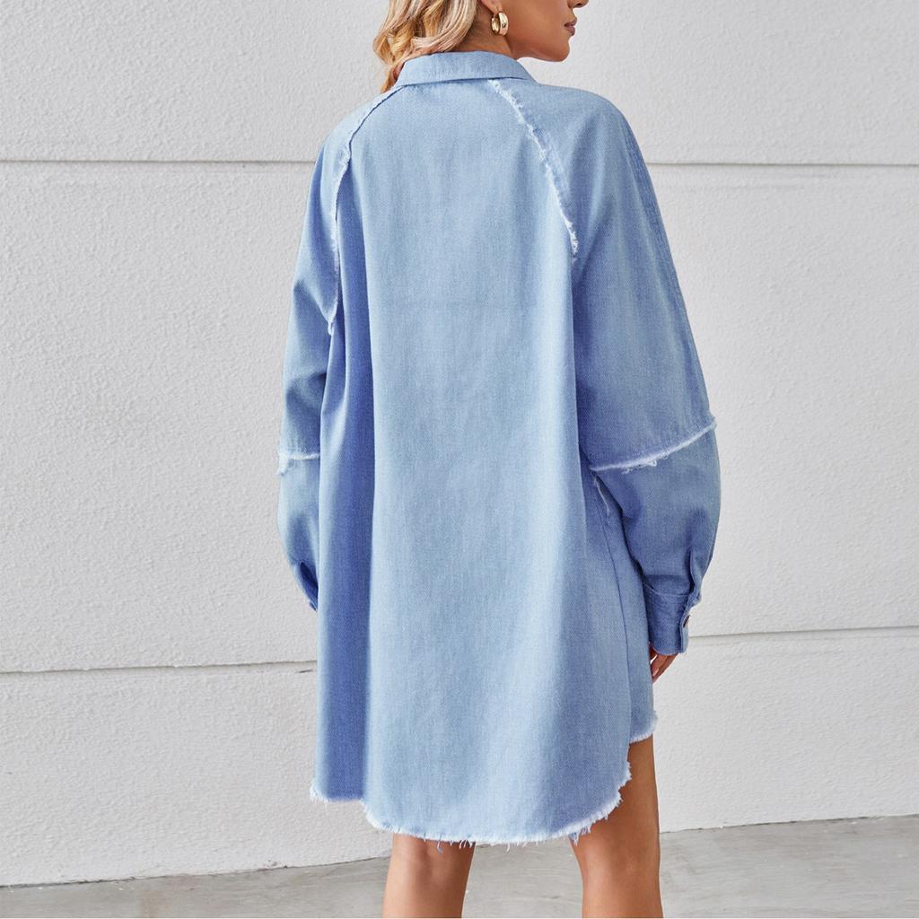 Γυναικεία μόδα casual μονόχρωμο Vintage πλυμένο τζιν Loose casual μακρυμάνικο μπλουζάκι