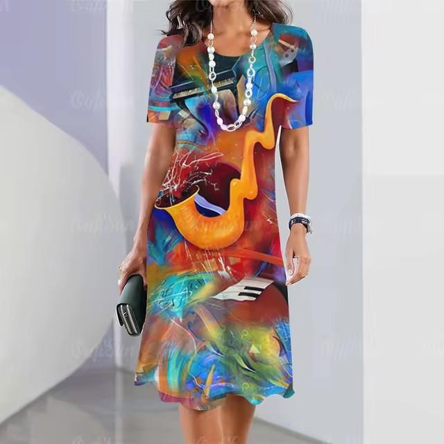 Elegant Women Short Sleeve Fashion 3d Print Midi Dress Plus Size Beach Clothing