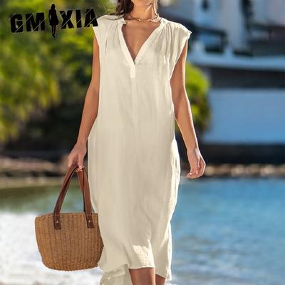 Spring Summer Women's Casual Dress Cotton Linen Sleeveless Solid Colour Loose V-Neck Dresses