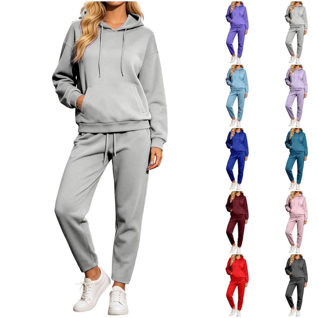 Women's Hoodie and Sweatpants 2-Piece Set - Casual Athletic Tracksuit with Drawstring Hood and Pockets