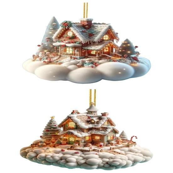 Weihnachtshaus-Anhänger, Acryl, 2D, flaches Hängeornament, Mini-Cartoon, Weihnachtshaus-Dekoration für Baum, Kaminsims, Auto