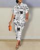 Autumn Long Sleeve V-Neck Button Print Shirt Dress Long Dress Women
