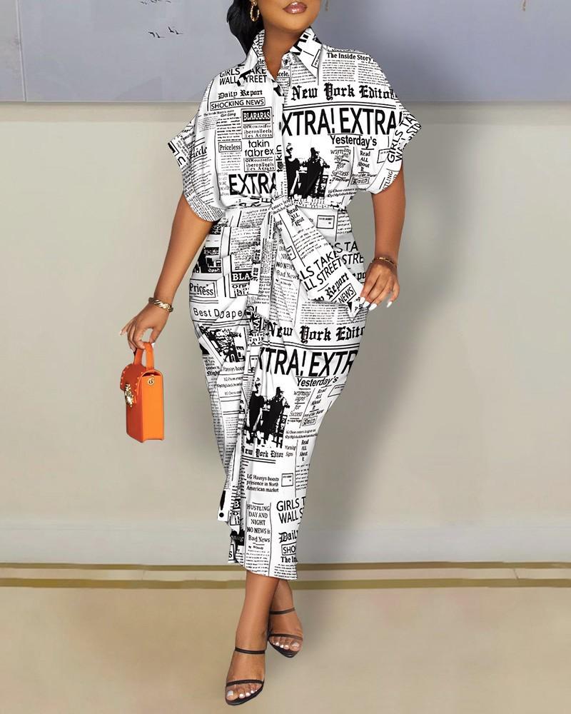 

Autumn Long Sleeve V-Neck Button Print Shirt Dress Long Dress Women XXL газета кольору