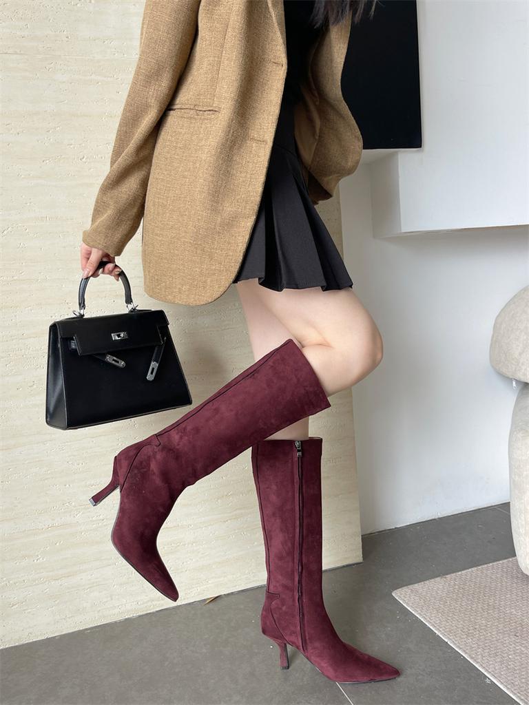 2025 new high-heeled pointed side zipper high women's boots
