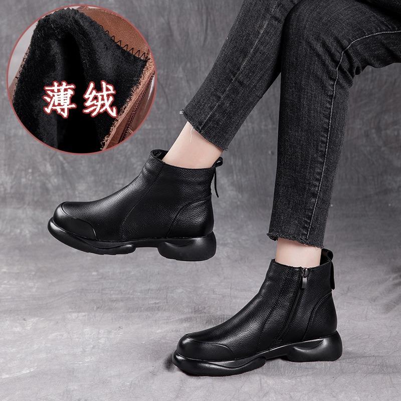 Leather retro style thick low heel mother short boots autumn and winter new versatile round head warm comfortable simple Martin boots women
