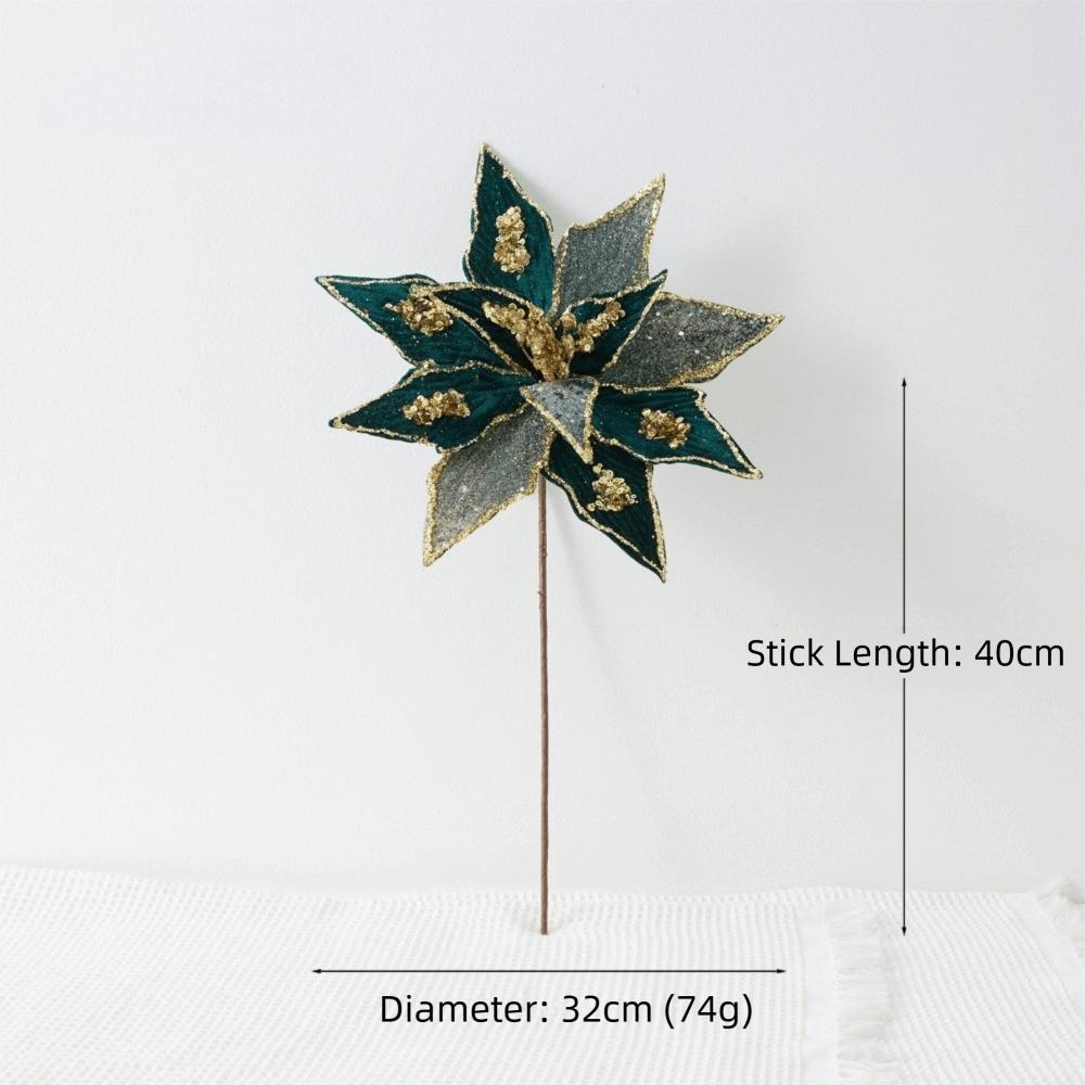 

Sequins Artificial Poinsettia Flower 32CM Sequins Flower New Year Festival зелений