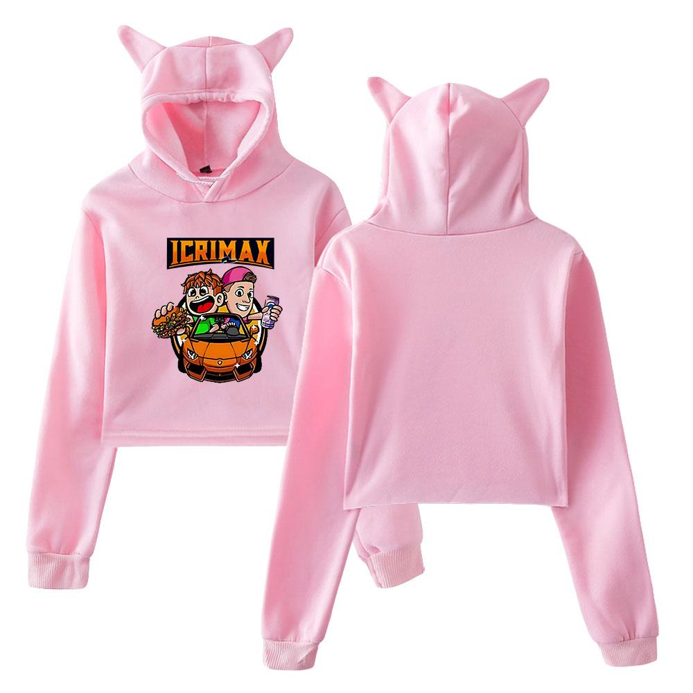 Korean Fashion Icrimax Print Kawaii Crop Top Hoodie Funny Cat Ear Cropped Short Sweatshirt Hooded Pullover Women Tops Streetwear