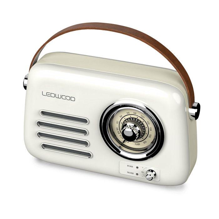 Radio Rétro portable Ledwood ALMA, FM, Bluetooth 5.3 Entrée USB, Puissance 30W - Batterie 3,7V-1500mAh - Retro Vintage - Blanc