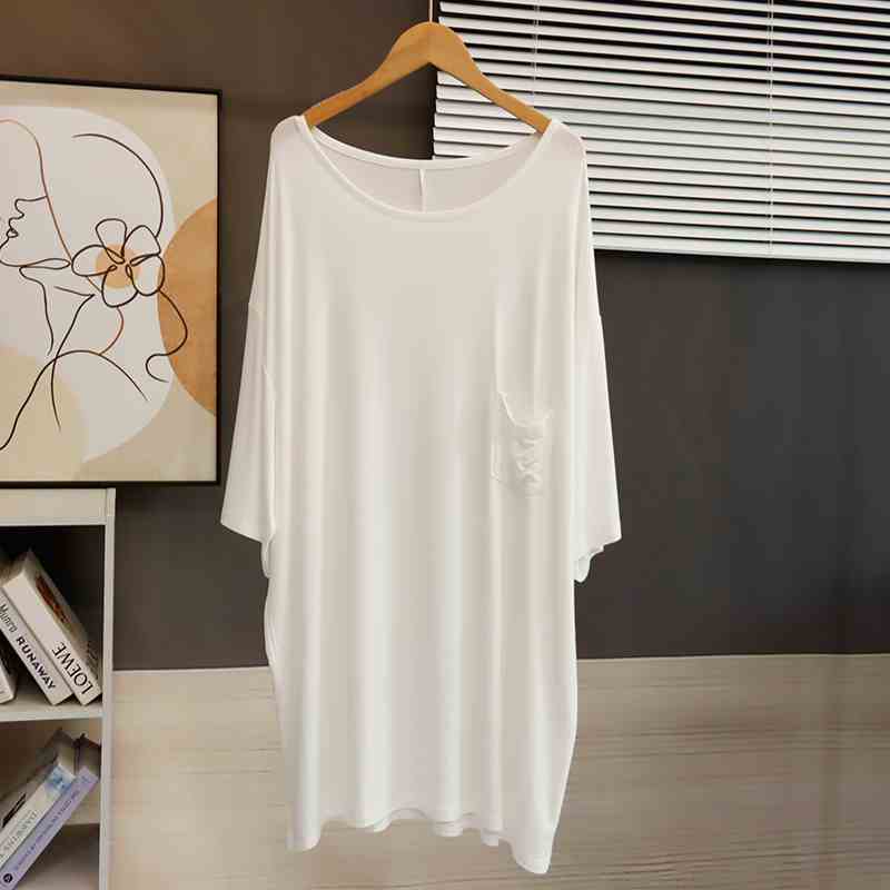 Niedrig geschnittenes kurzärmeliges T-Shirt für Damen, Sommer, locker, mittellang, lockerer Fall, Tasche, atmungsaktiv, Nachthemd-Top