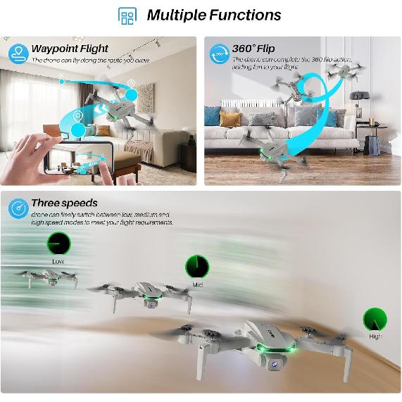 Drone With 1080P FPV Camera for Adults - Quadcopter Drone with Hover Stable, Foldable Mini Drones With One Key Start, Waypoint Fly, Headless Mode,