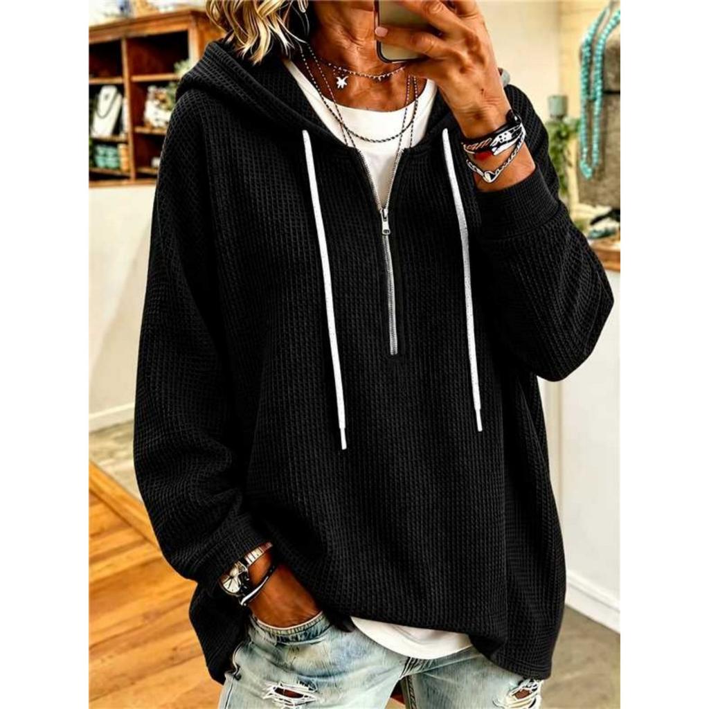 Women's Waffle Hoodie, Drawstring Zip-Up Loose Long Sleeve Sweatshirt Top, New Arrival, European American Style Cross-border Women's Clothing