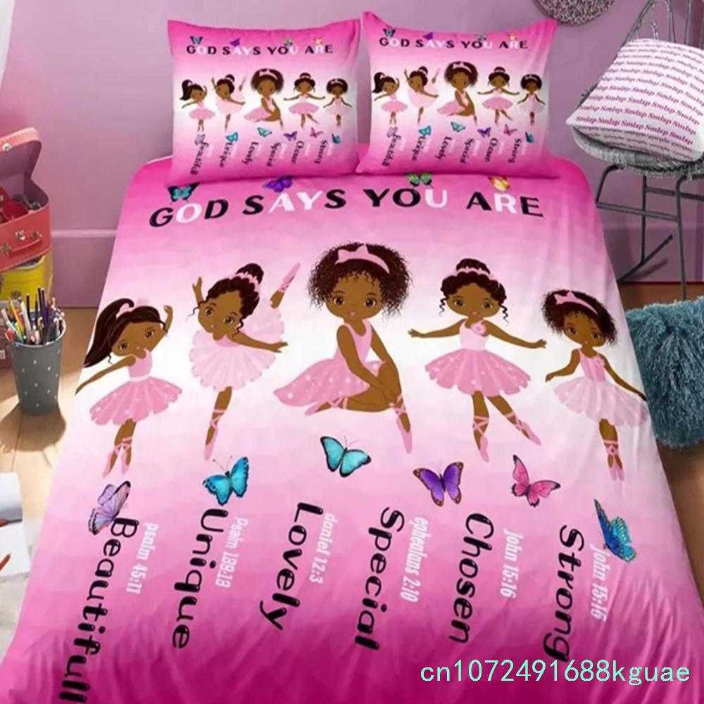 American Black Girl Duvet Cover Set,Black Girl Magic Bedding Set Full Size,Cute Little Afro Black Princess Comforter Cover Sets