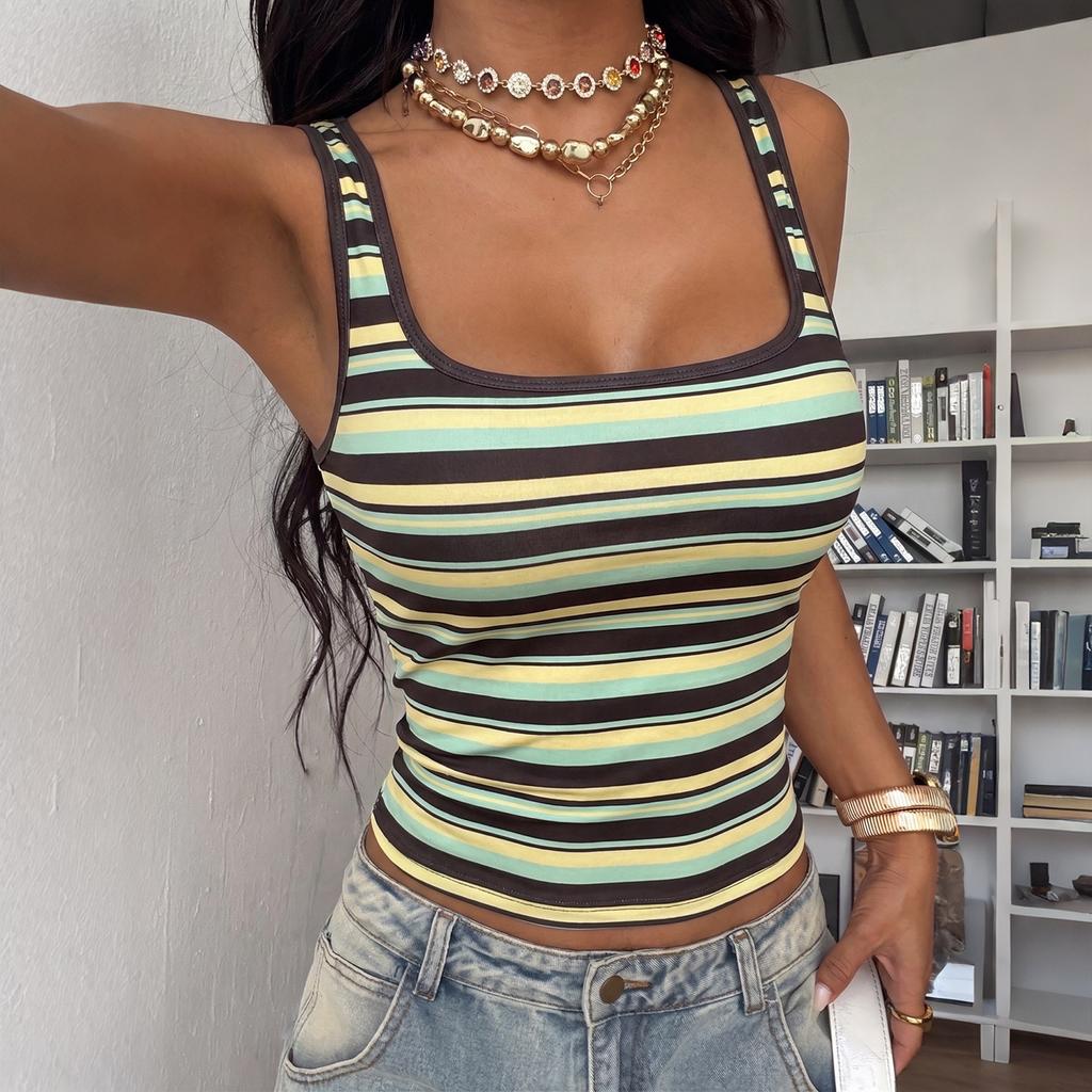 European and American style summer new wholesale women's clothing sexy slim-fitting striped printed sleeveless square neck vest top women