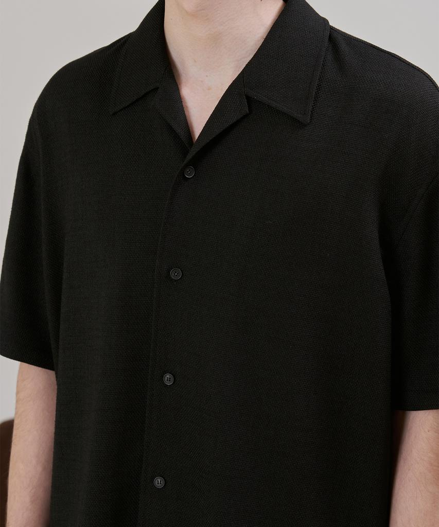 DRAW FIT Dwell Open Collar Waffle Shirt [Black]