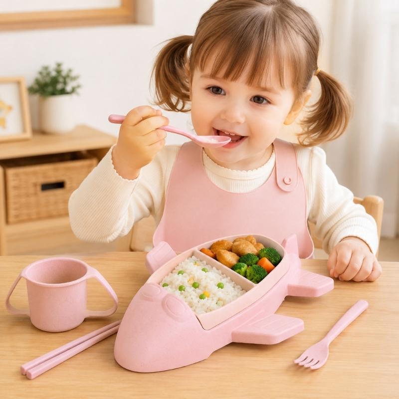 Toddler Dinnerware Set with Cartoon Tray and Cup, 5 Piece Baby Feeding Set with Spoon Fork and Chopsticks for Family Dining