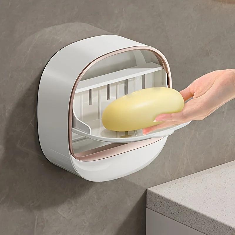 

Wall Mounted Soap Box with Lid Non Drilled Drainage Soap Tray Simple Soap Storage Rack for Home Bathroom Bathroom Accessories
