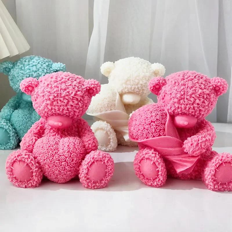 Top Quality Large Silicone Mold for Plush Bears Heart-Shaped Bear & Floral-Bear Candle Valentine's Day Cake Decoration Mold