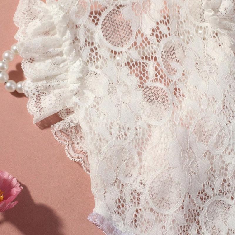 Infant Lace Backless Bodysuit Sleeveless Romper with Bowknot Flower Headband Photo Props for Photoshoots And Parties