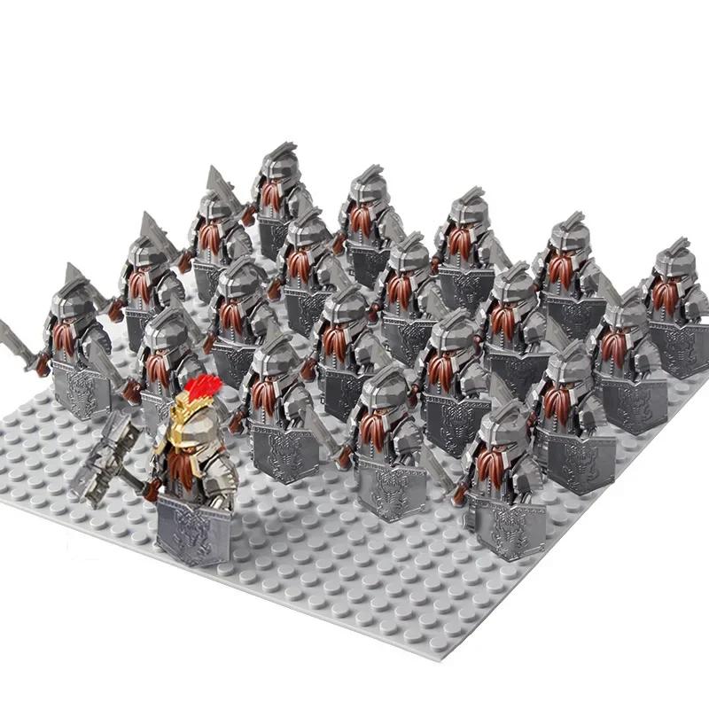 21Pcs/lot Dane Iron Feet Eomer Rohan Warriorr Vs Uruk Hai Army Figrues With Shield Sword Bow Spear Building Blocks Toys for Kids