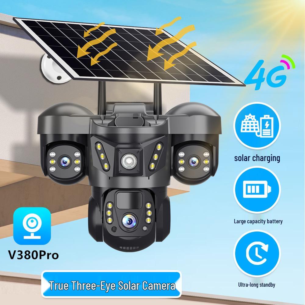Cámara 4G V380 Alimentada por Energía Solar con Tres Lentes, 6MP, Audio Bidireccional y Monitorización Remota Móvil